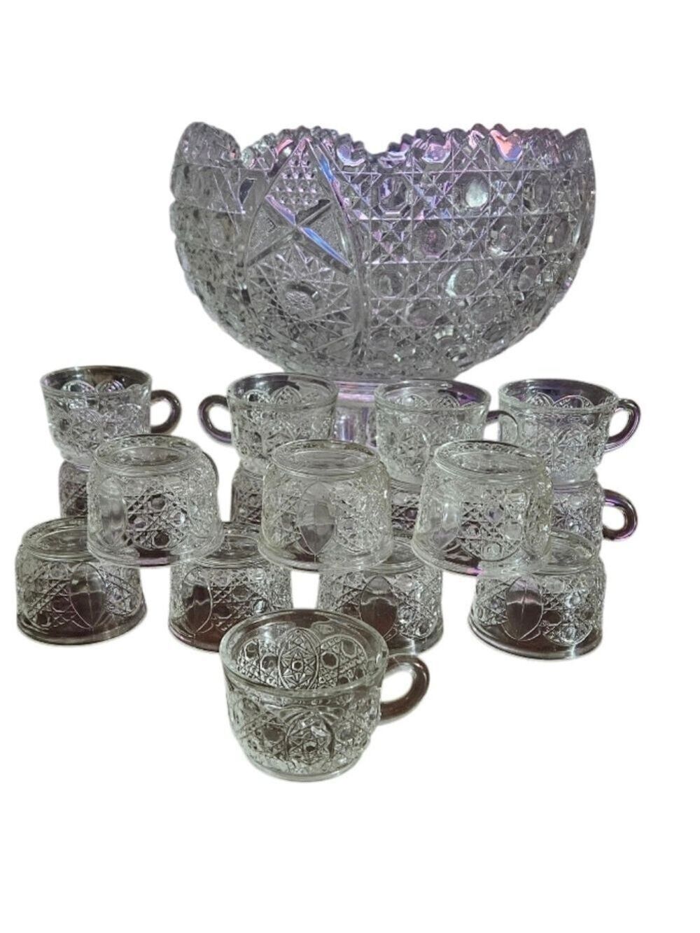 Vintage 1970s L.E. Smith Daisy & Button Punch Bowl Set – 20 Piece Clear Pressed - Picture 3 of 16